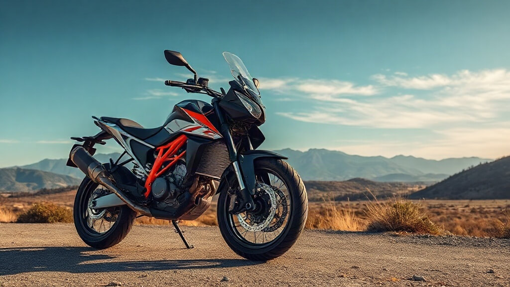 Мотоцикл KTM с оранжевыми элементами на грунтовой дороге на фоне гор и неба