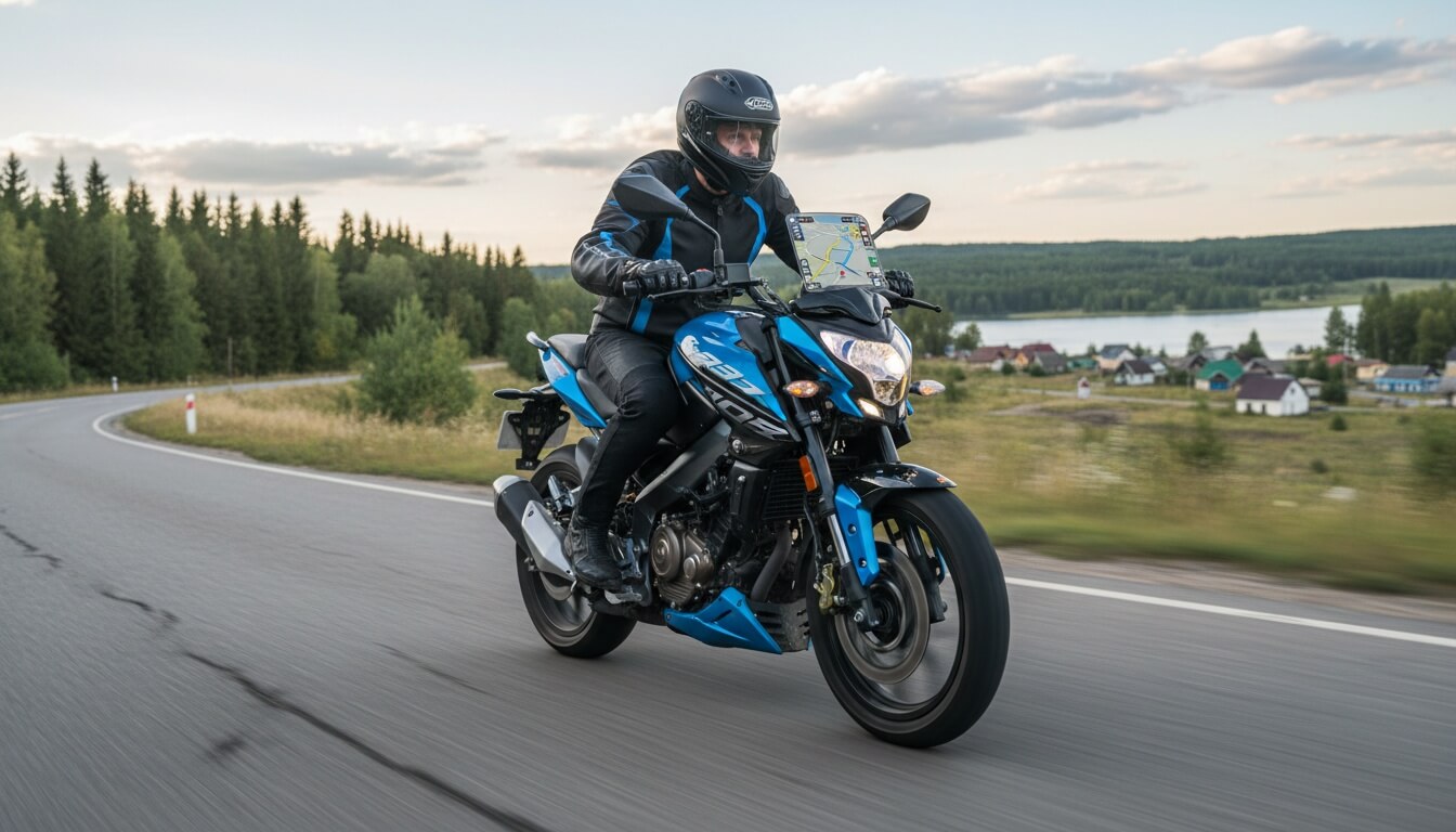 Мотоциклист в шлеме едет на синем нейкеде Bajaj Pulsar NS400Z по асфальтовой дороге среди леса и озера