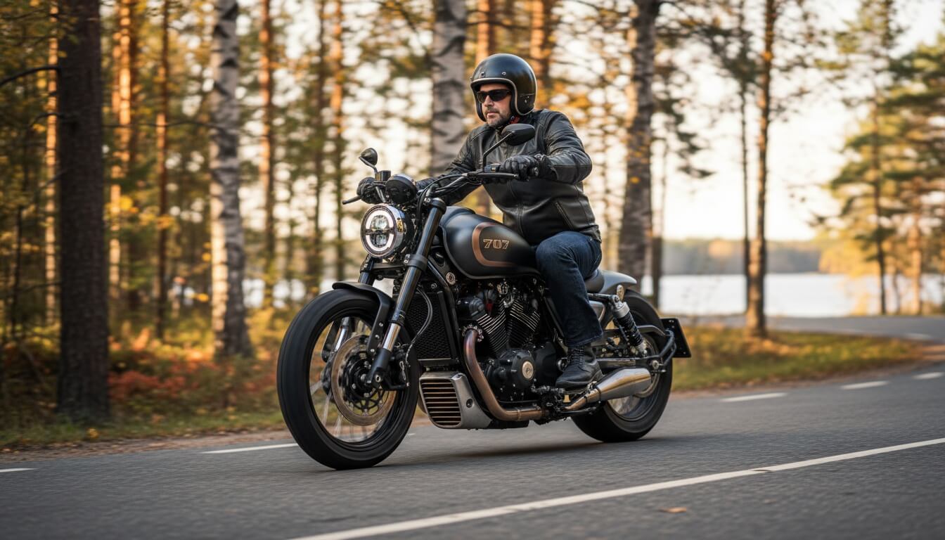 Мужчина в шлеме едет на чёрном боббере Benda Rock 707 по асфальтовой дороге среди осеннего леса