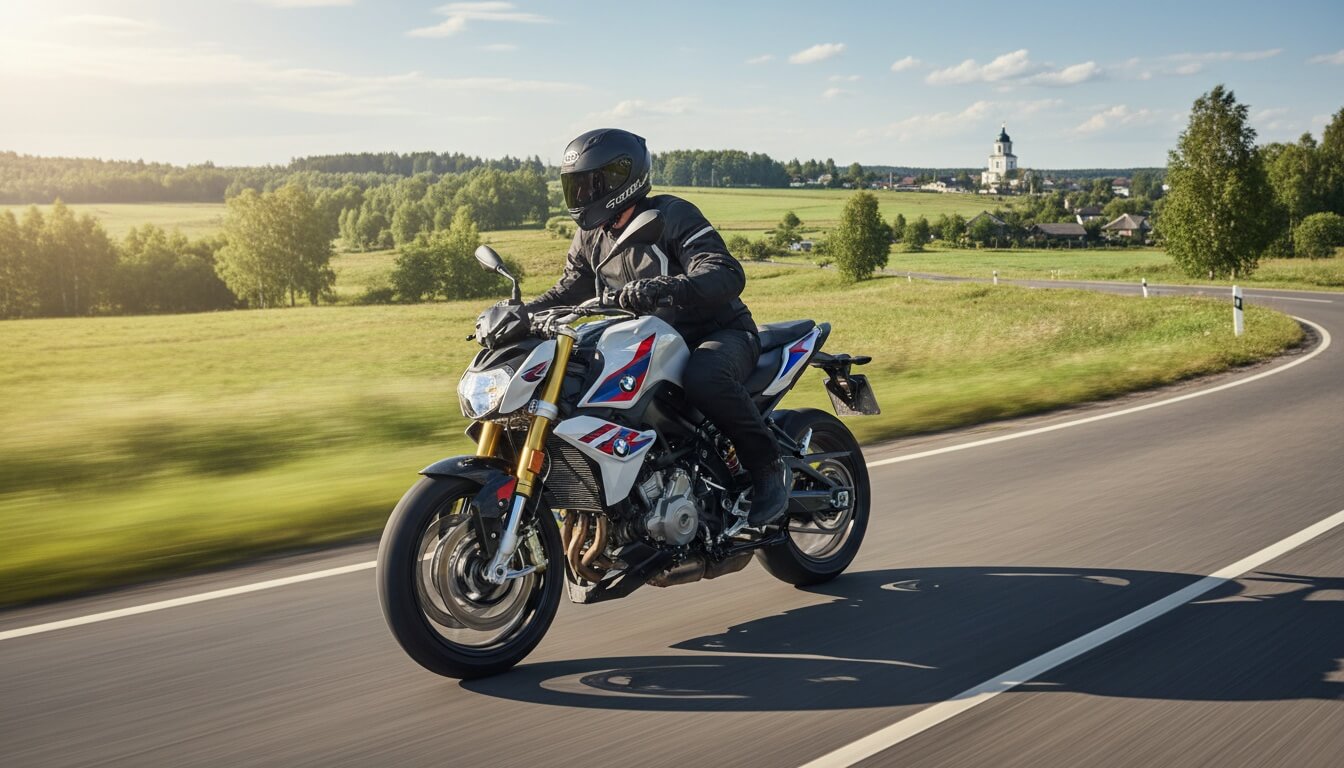 Мотоциклист в экипировке едет на нейкеде BMW F 450 R по загородной трассе