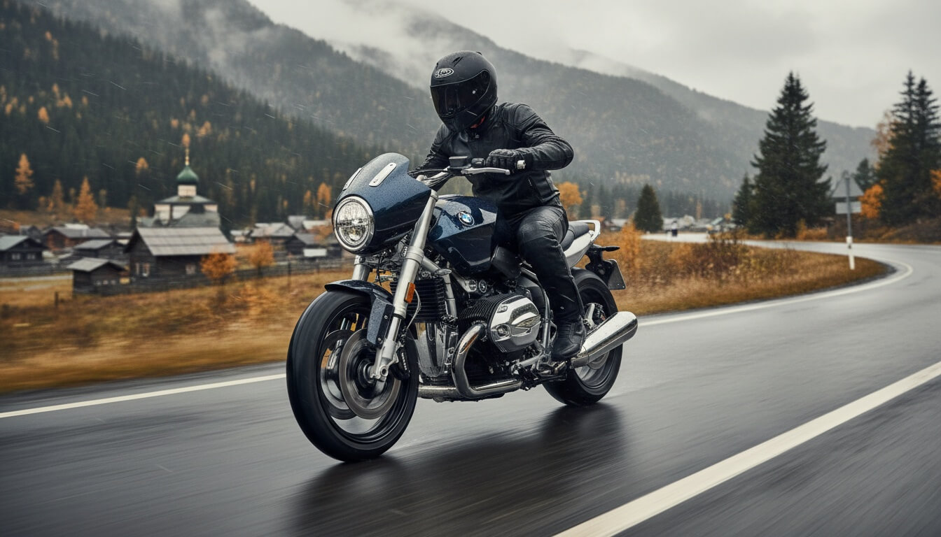 Мотоциклист в шлеме едет на синем мотоцикле BMW по мокрой дороге на фоне гор и деревни