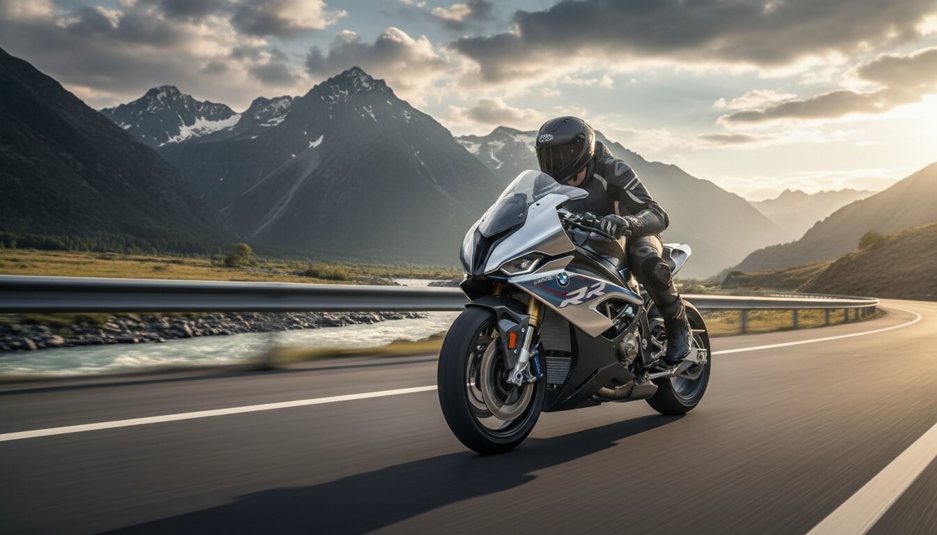 Мотоциклист в экипировке едет на спортивном мотоцикле BMW S 1000 RR по горной дороге