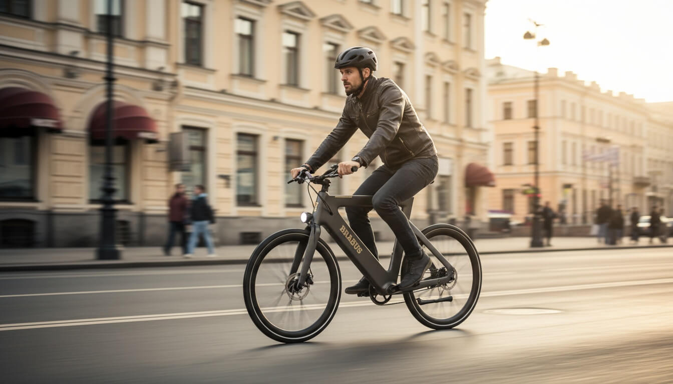 Мужчина в шлеме едет на электромотоцикле Brabus по городской улице с историческими зданиями