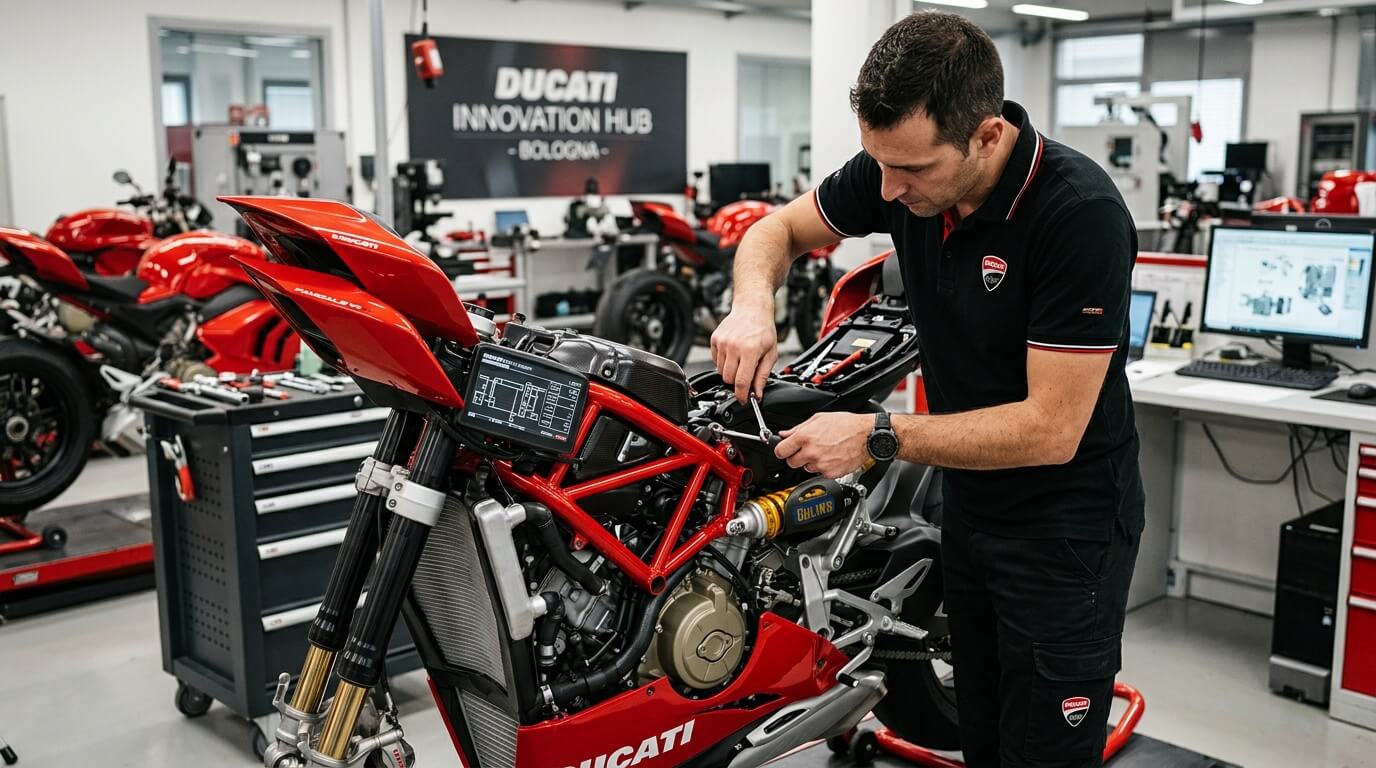 Механик в форме Ducati работает над разобранным красным мотоциклом в лаборатории Ducati Innovation Hub в Болонье
