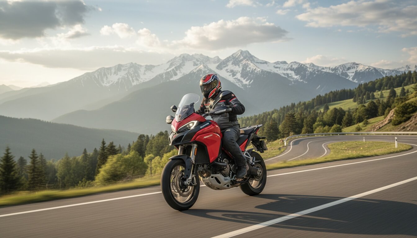 Мотоциклист в экипировке едет на красном Ducati Multistrada V4 S по горной дороге на фоне заснеженных вершин