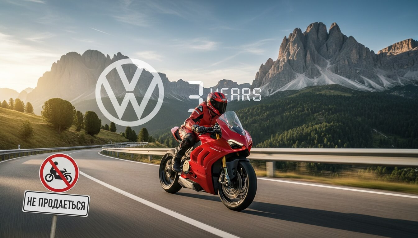Красный спортбайк Ducati с мотоциклистом в экипировке едет по горной дороге на фоне скалистых вершин