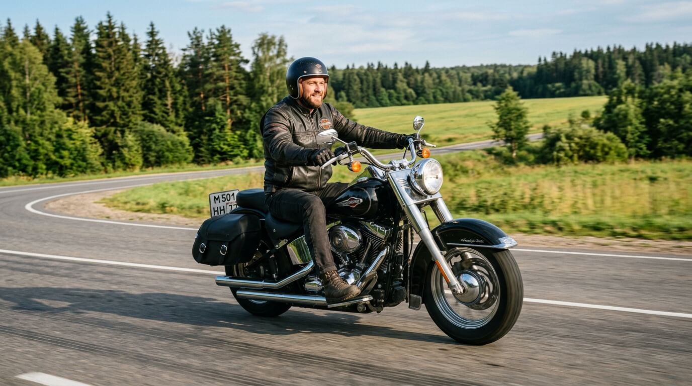 Мужчина в шлеме и кожаной куртке едет на круизере Harley-Davidson по асфальтированной дороге среди леса и полей