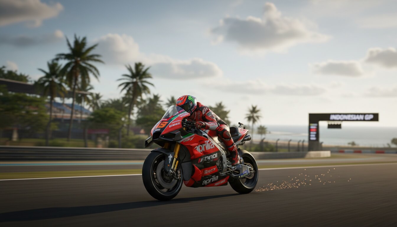 Гоночный мотоцикл Aprilia с пилотом в красном комбинезоне на трассе, пальмы и знак Indonesian GP на фоне