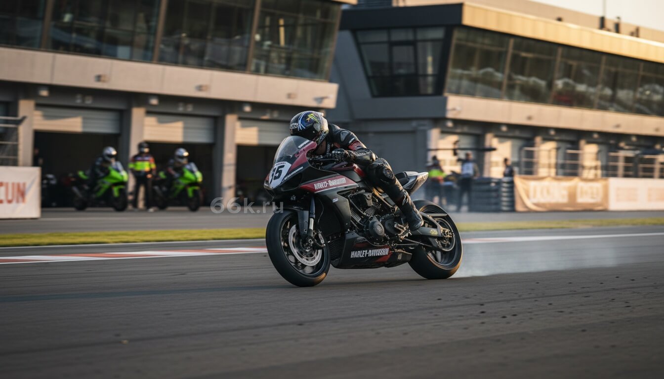 Мотоциклист в экипировке на Harley-Davidson проезжает поворот гоночной трассы, на фоне боксы и другие мотоциклы