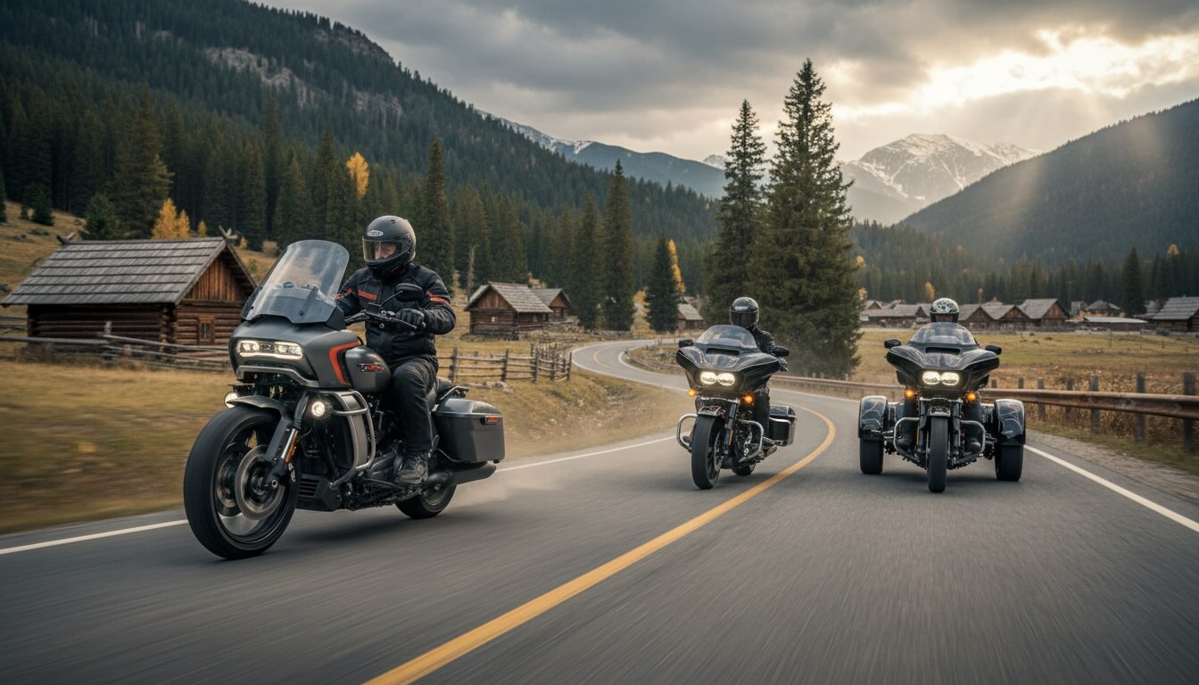 Мотоциклисты на Harley-Davidson едут по горной дороге: Pan America 1250 Limited впереди и два трайка позади