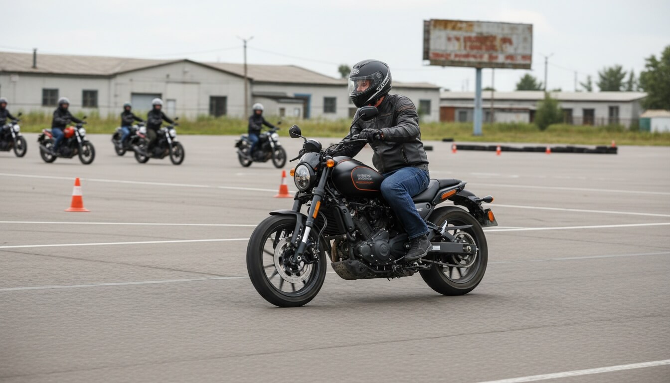 Мотоциклист в шлеме и кожаной куртке едет на чёрном мотоцикле Harley-Davidson по асфальтовой площадке между оранжевыми конусами, позади другие ученики и анга?