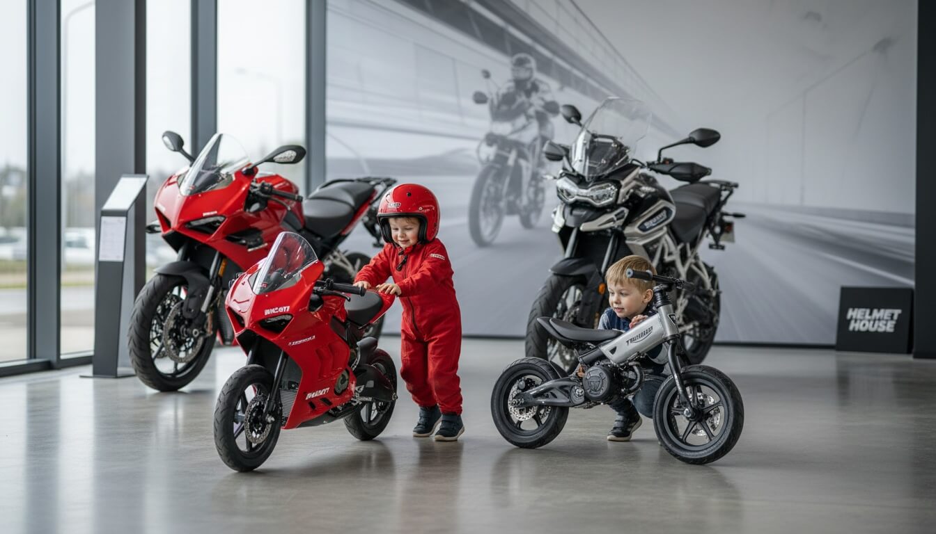 Дети на беговелах в стиле Ducati и Triumph на фоне мотоциклов в шоуруме