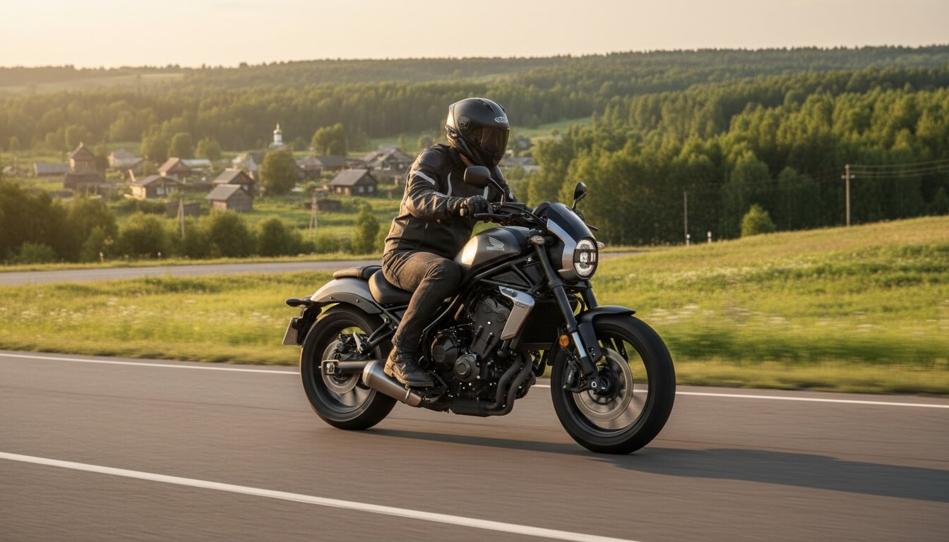 Мотоциклист в шлеме едет на круизере Honda CMX500 Rebel по асфальтовой дороге на фоне деревни и леса