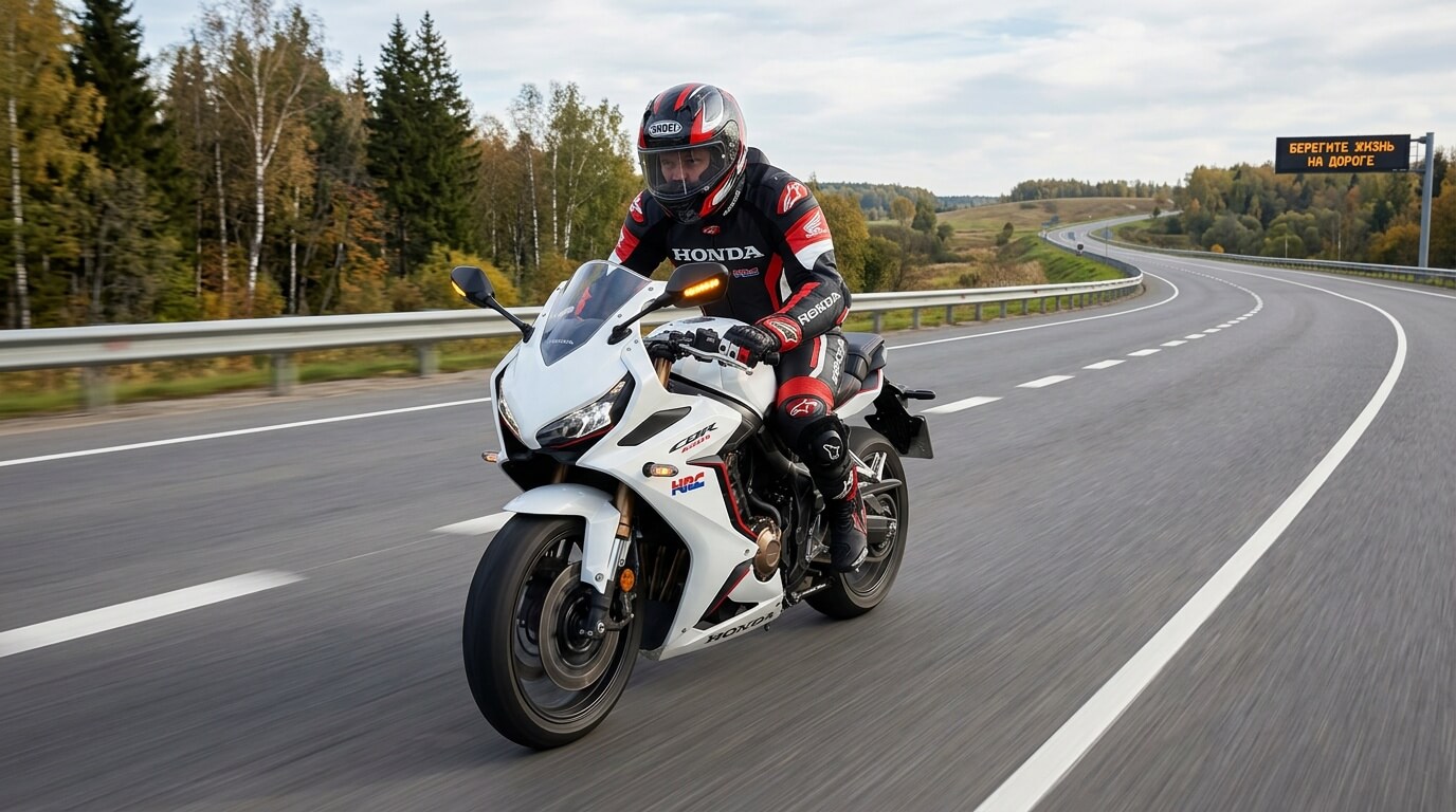 Мотоциклист в экипировке Honda едет на белом спортбайке по шоссе