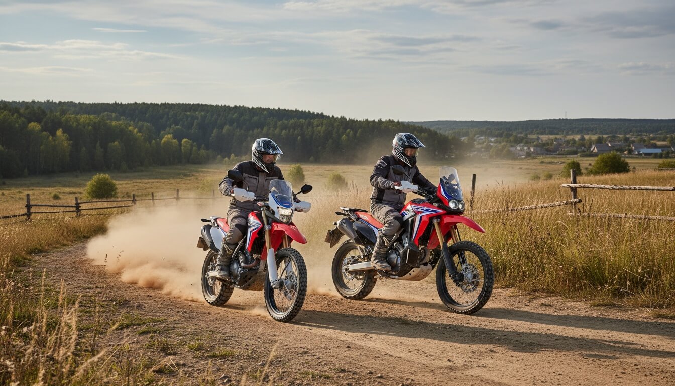 Два мотоцикла Honda XR300L и XR300 Rally с пилотами едут по грунтовой дороге среди поля и леса