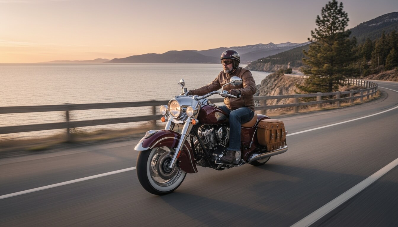 Мотоциклист едет на бордовом круизере Indian Chief Vintage по прибрежной дороге вдоль моря