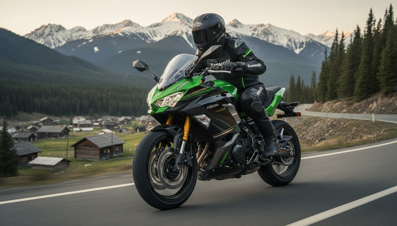 Мотоциклист в экипировке едет на зелёном Kawasaki Ninja 650 по горной дороге на фоне заснеженных вершин и деревни
