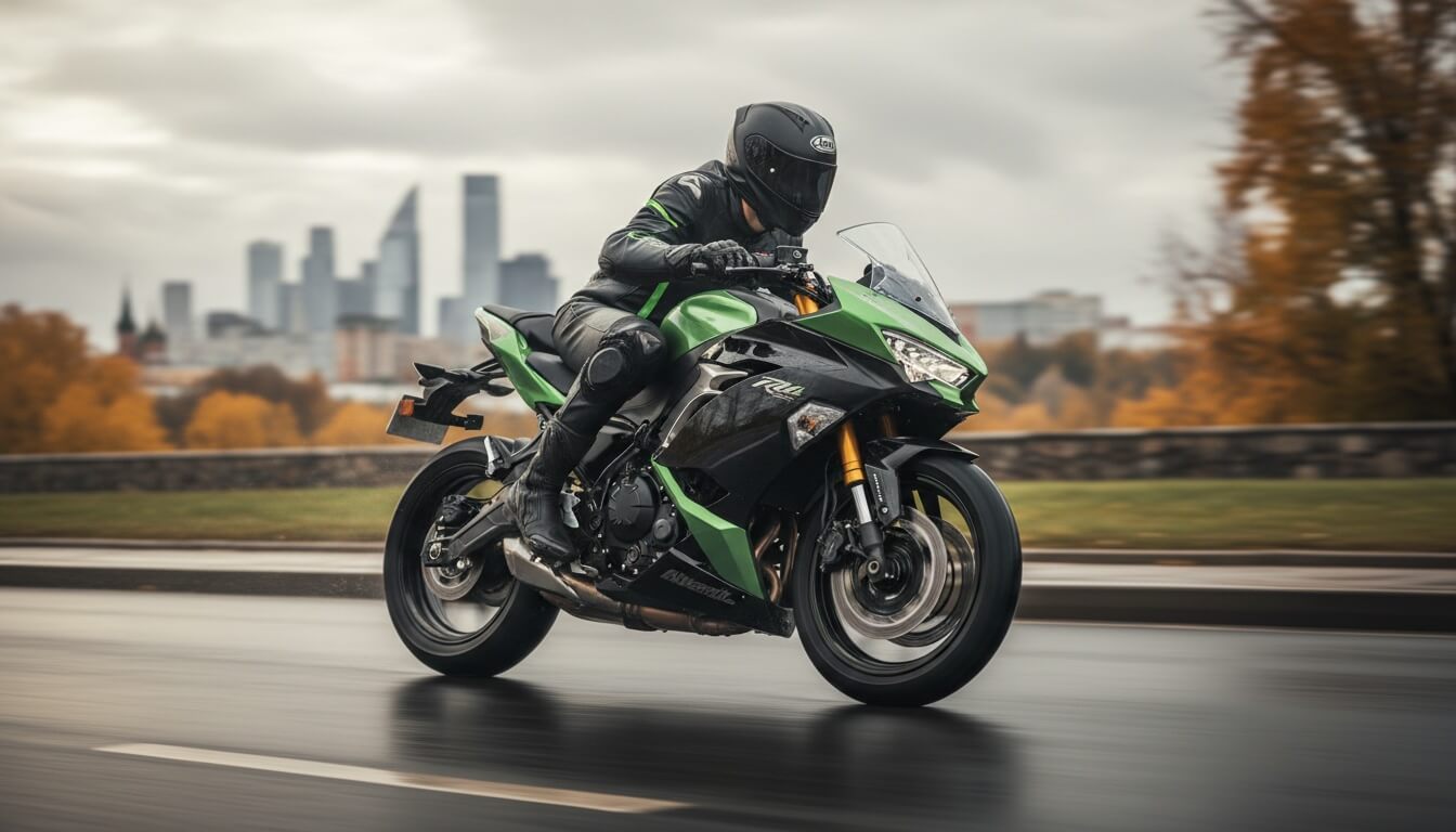 Мотоциклист в экипировке едет на зелёном Kawasaki Ninja 650 по мокрой дороге на фоне осенних деревьев и городских небоскрёбов
