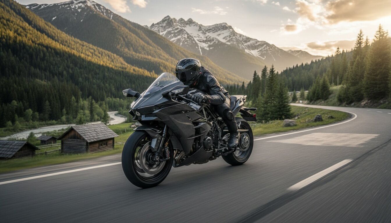 Мотоциклист в экипировке едет на Kawasaki Ninja H2 Carbon по горной дороге среди хвойного леса и заснеженных вершин