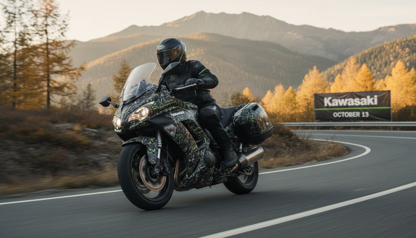 Мотоциклист в экипировке едет по горному шоссе на закаме на мотоцикле Kawasaki с высоким стеклом и боковыми кофрами