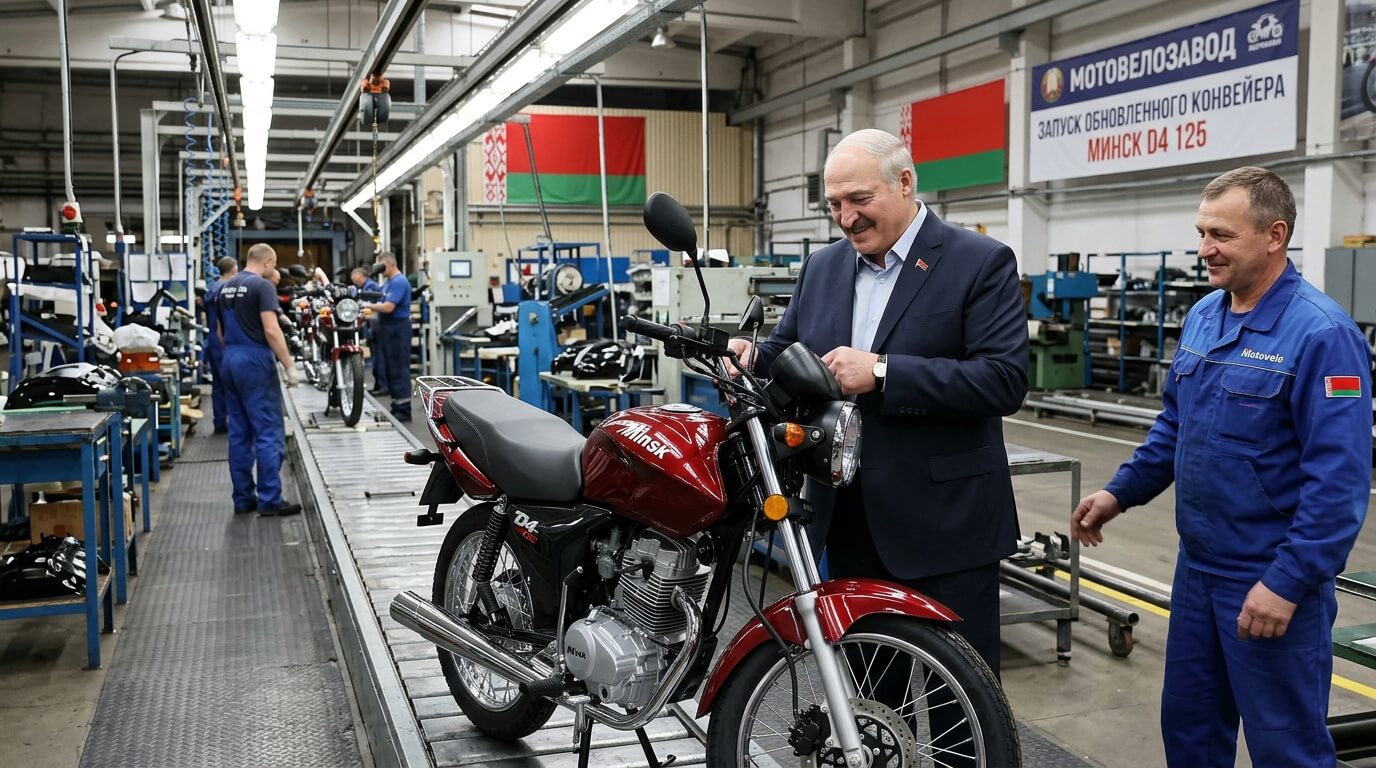Лукашенко осматривает красный мотоцикл Минск Д4 125 на конвейере Мотовелозавода
