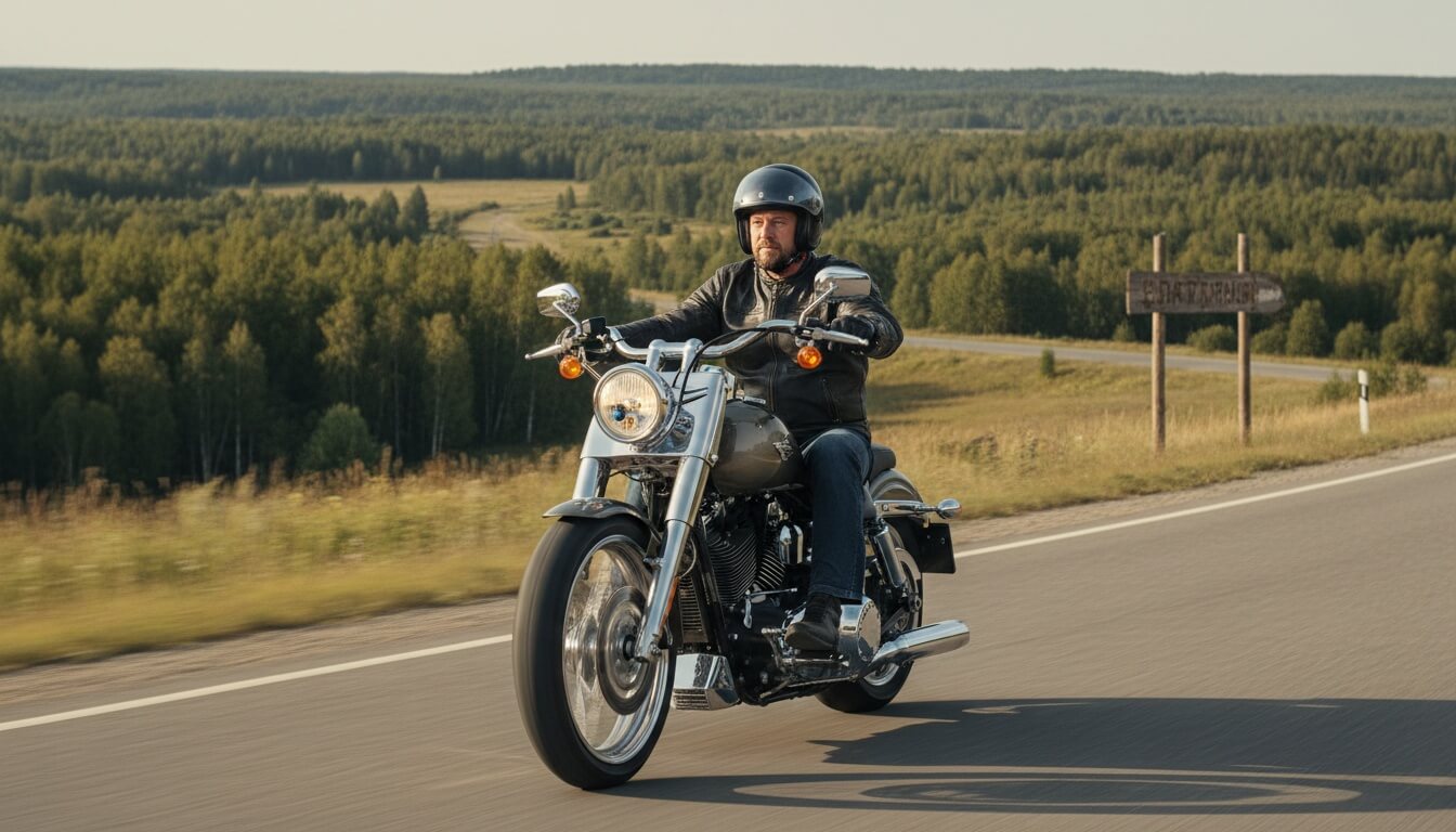 Мужчина в шлеме едет на круизере Harley-Davidson по асфальтовой дороге среди леса