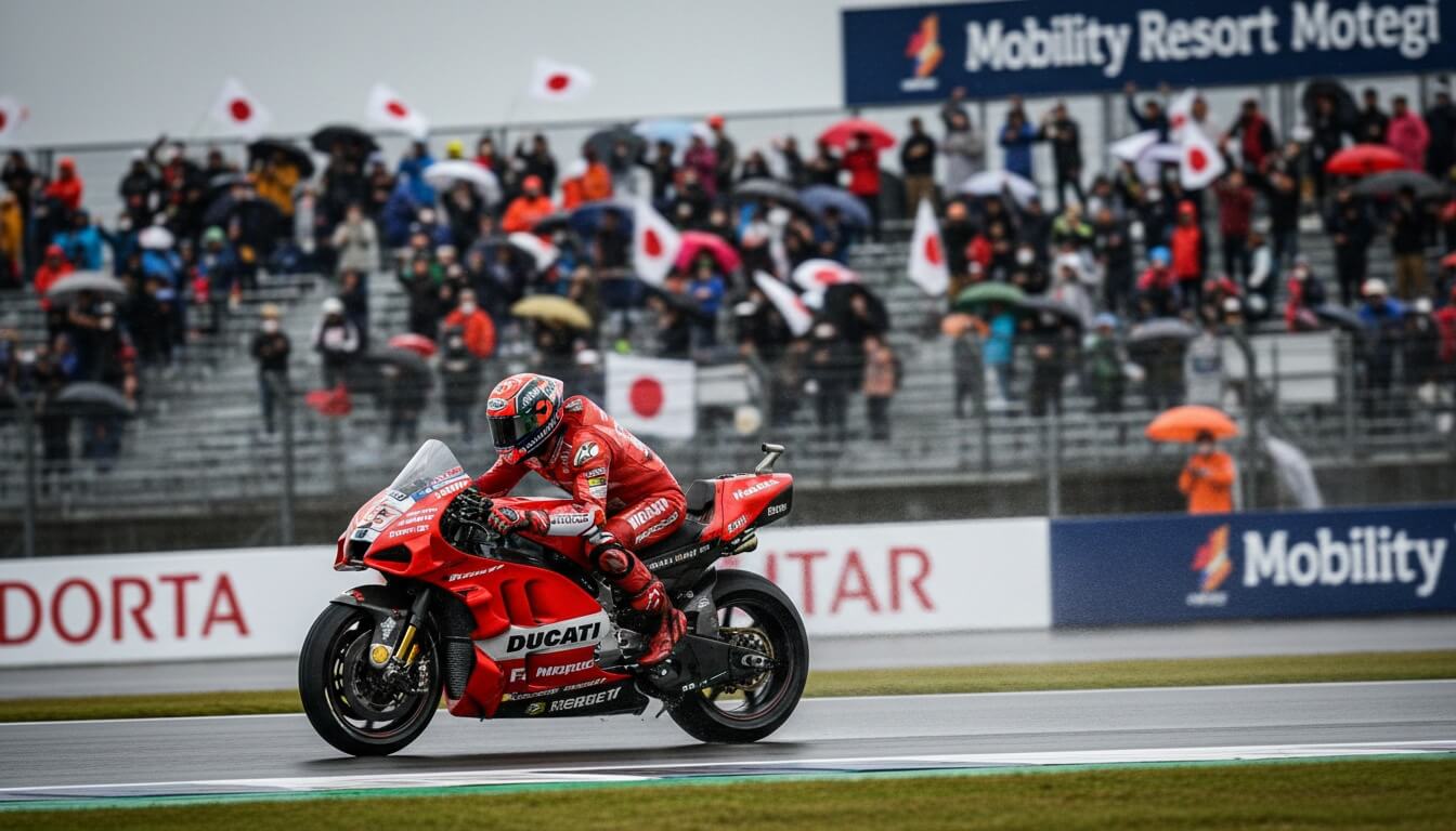 Гонщик в красном комбинезоне на мотоцикле Ducati едет по мокрой трассе, на фоне трибуны с болельщиками и флагами Японии
