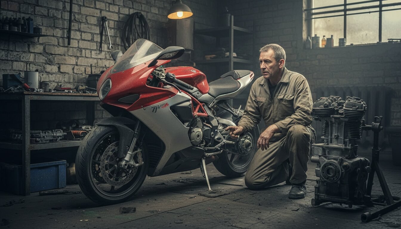 Мужчина в мастерской рядом с красно-серебристым спортбайком MV Agusta и разобранным двигателем