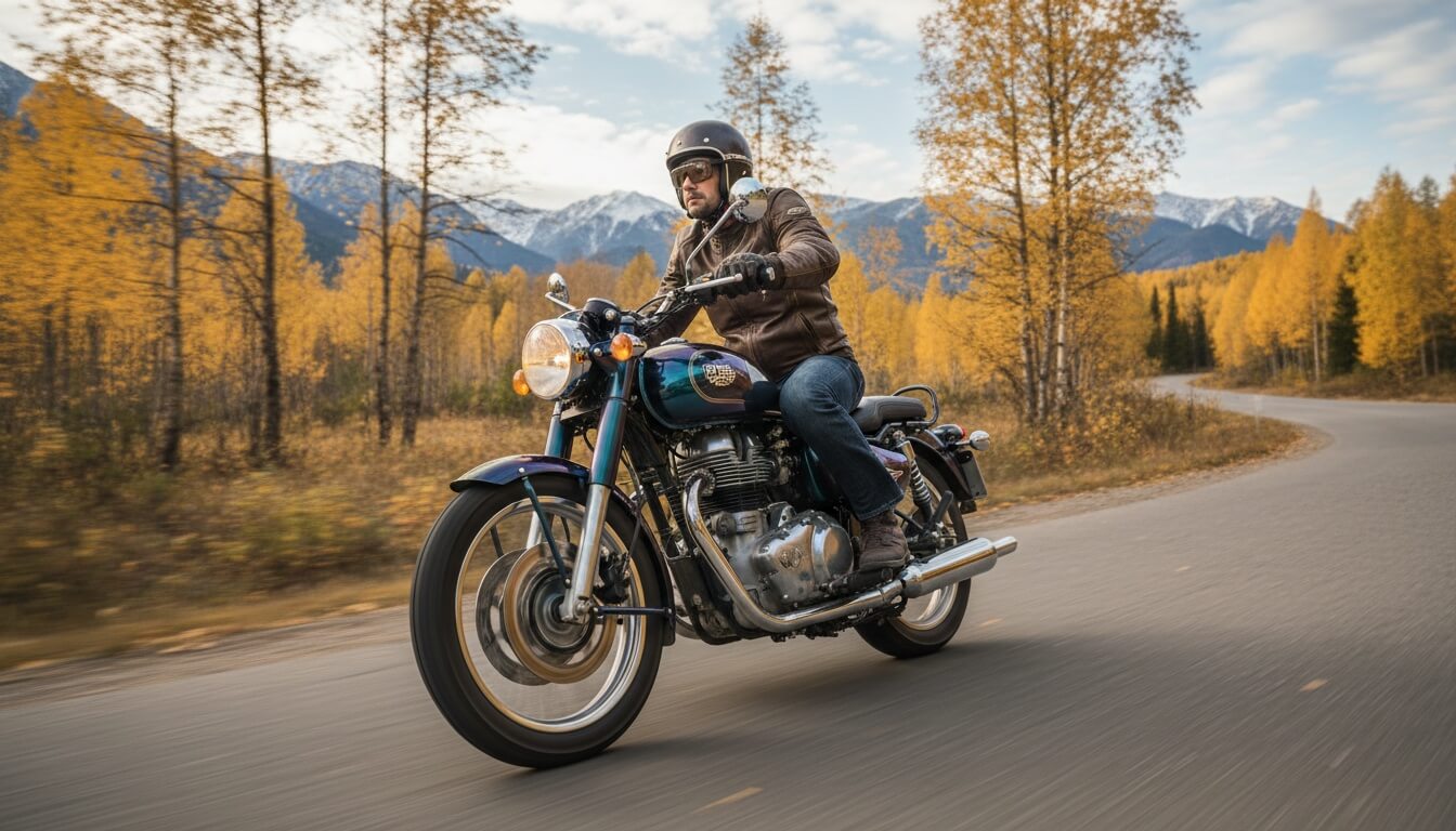 Мотоциклист в шлеме едет на Royal Enfield Classic 650 по асфальтовой дороге среди осеннего леса и го?
