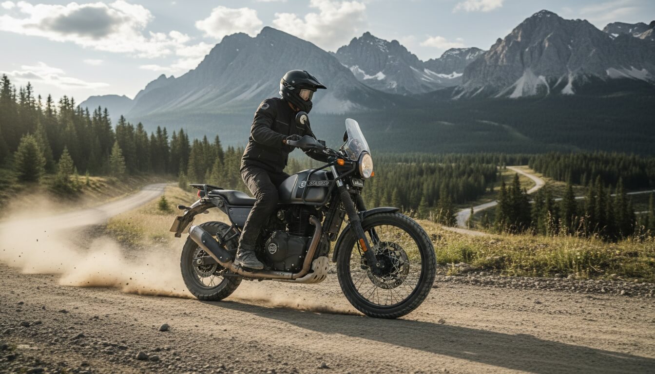Мотоциклист в шлеме едет по грунтовой дороге на Royal Enfield Himalayan с высоким ветровиком и спицованными колёсами на фоне гор и хвойного леса