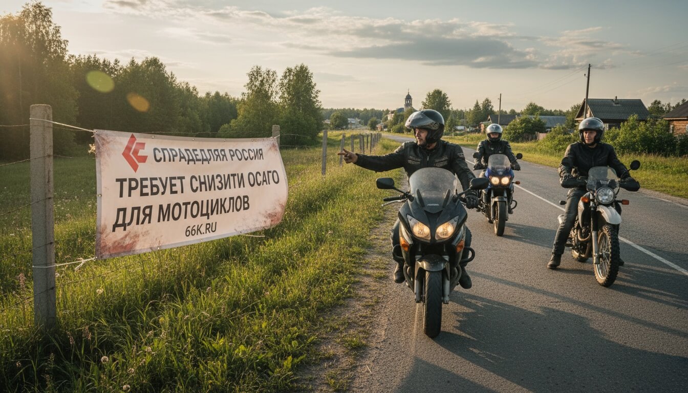 Колонна мотоциклистов едет по загородной дороге мимо баннера с требованием снизить ОСАГО для мотоциклов