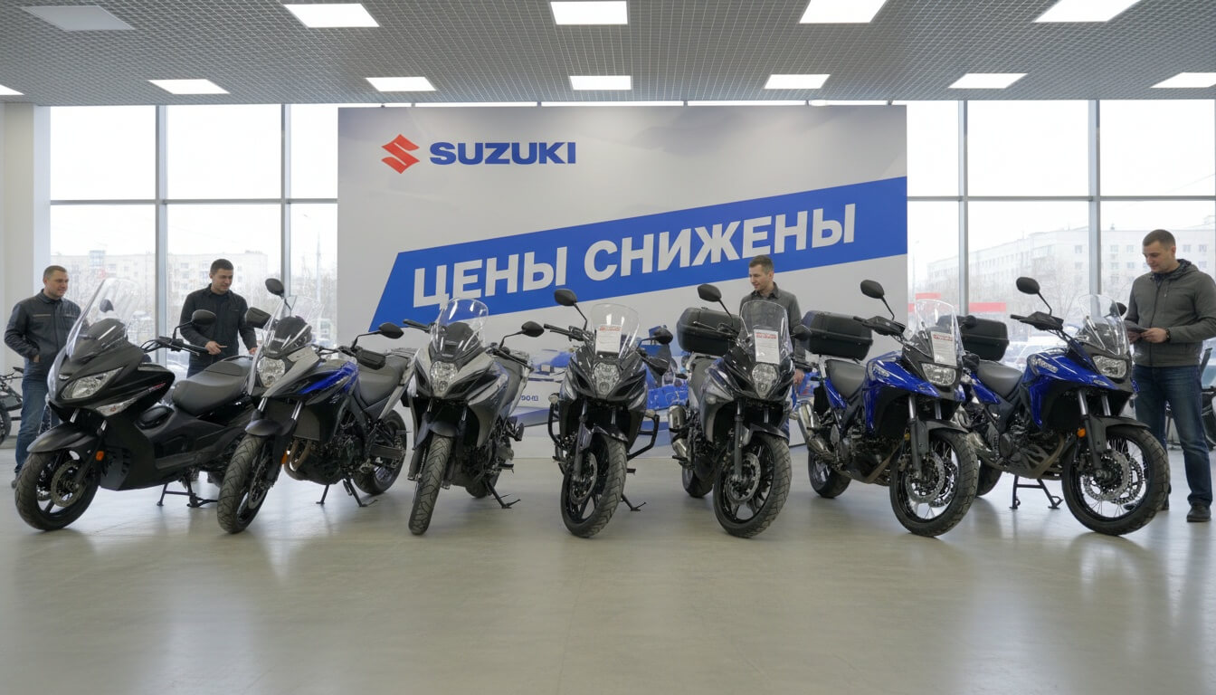 Шесть мотоциклов Suzuki в шоуруме на фоне баннера «Цены снижены