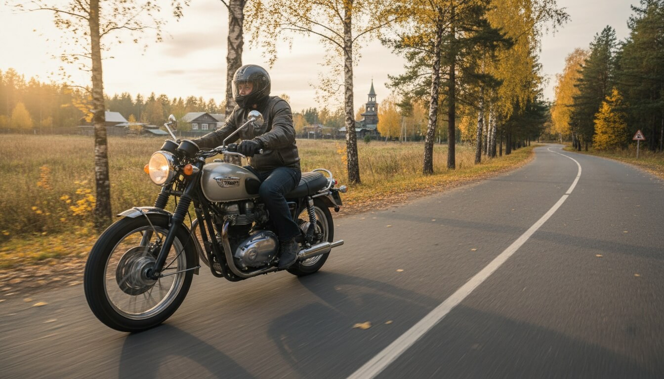 Мотоциклист в шлеме едет на классическом мотоцикле Triumph Bonneville по осенней асфальтовой дороге