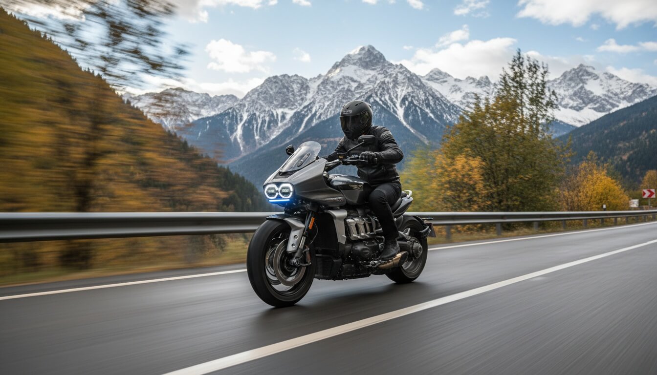 Мотоциклист в шлеме едет по горной дороге на Triumph Rocket 3 с маской под радар вместо круглых фа?