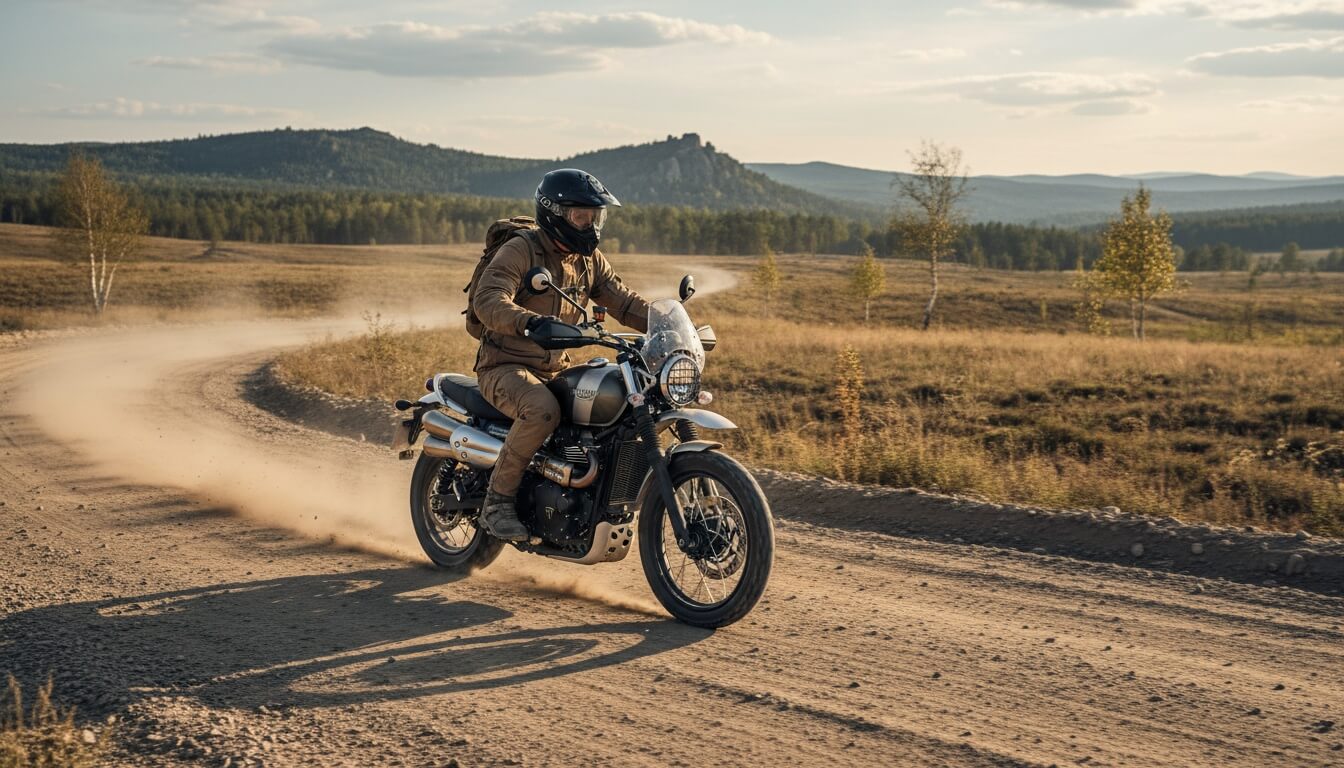 Мотоциклист в шлеме едет на Triumph Scrambler 400 XC по грунтовой дороге среди холмов и леса