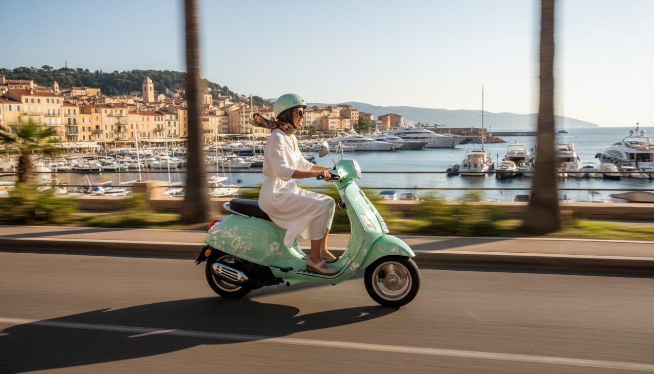 Женщина в белом платье и шлеме едет на светло-зелёном скутере Vespa по набережной с яхтами и домами на фоне