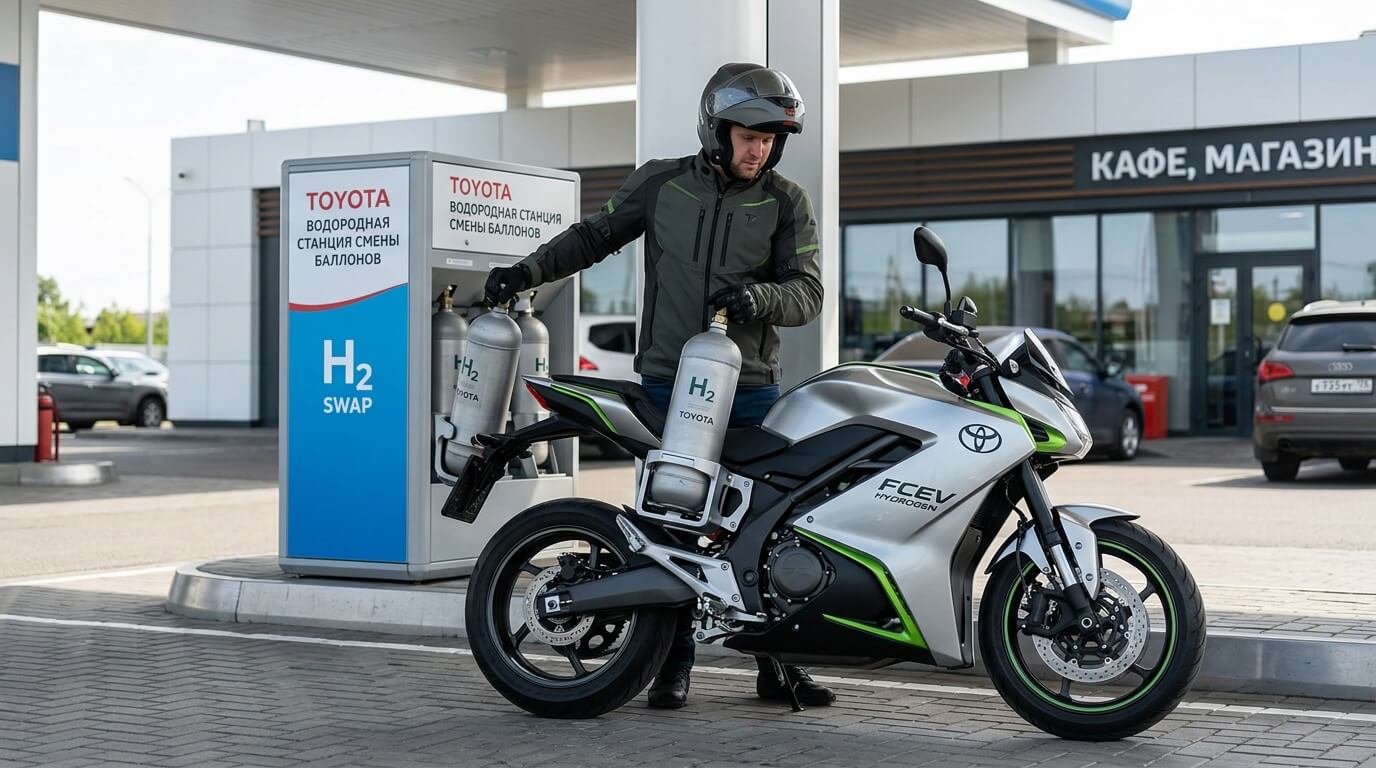 Мужчина в шлеме меняет водородный баллон у мотоцикла Toyota на станции H2 SWAP
