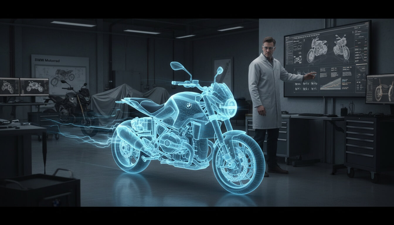 Полупрозрачный голографический мотоцикл BMW в мастерской, мужчина в халате у экрана с чертежами