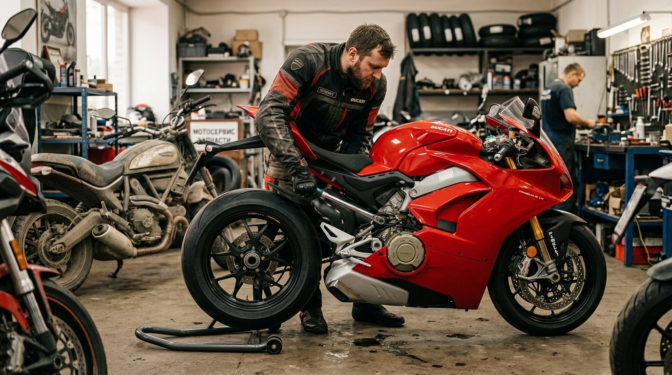 Мужчина в мотоциклетной экипировке осматривает красный спортбайк Ducati в мастерской