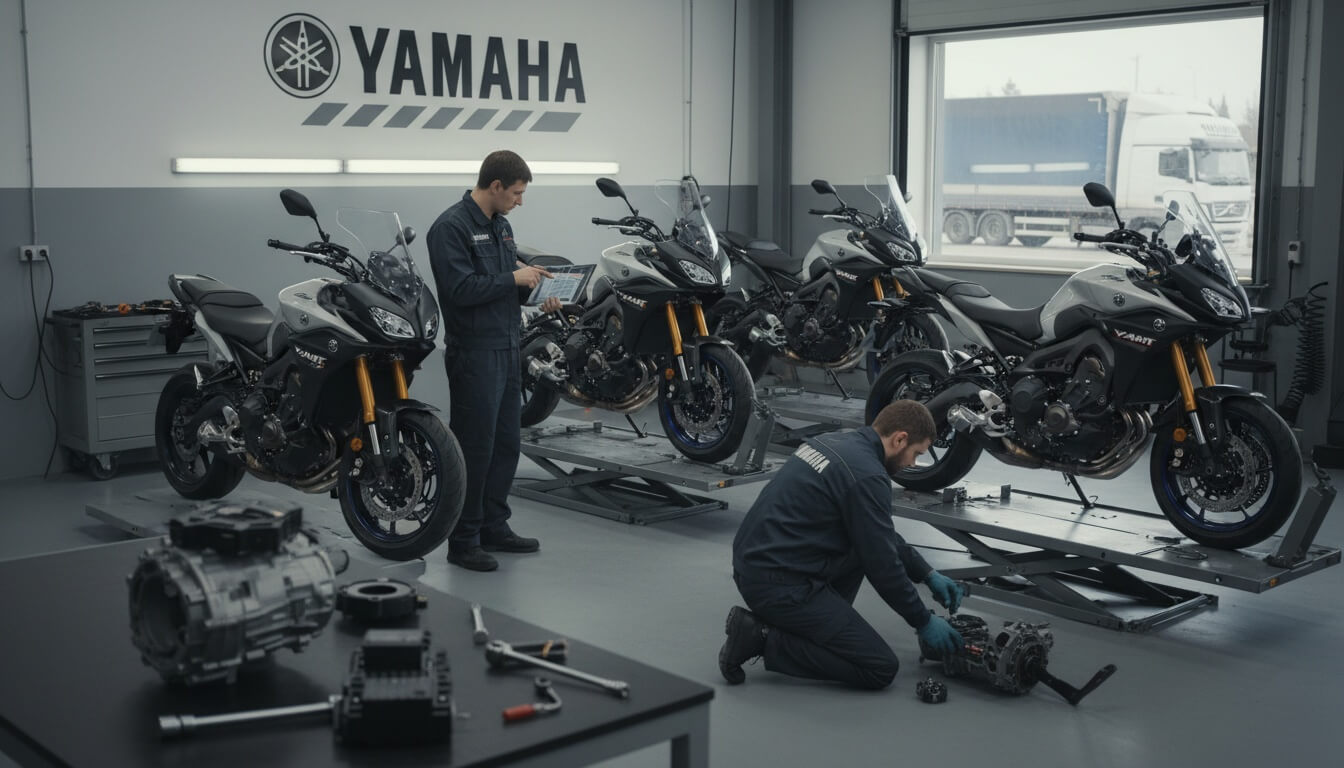 Механики в сервисе Yamaha обслуживают мотоциклы Tracer 9 GT+ и MT-09 на подъёмниках