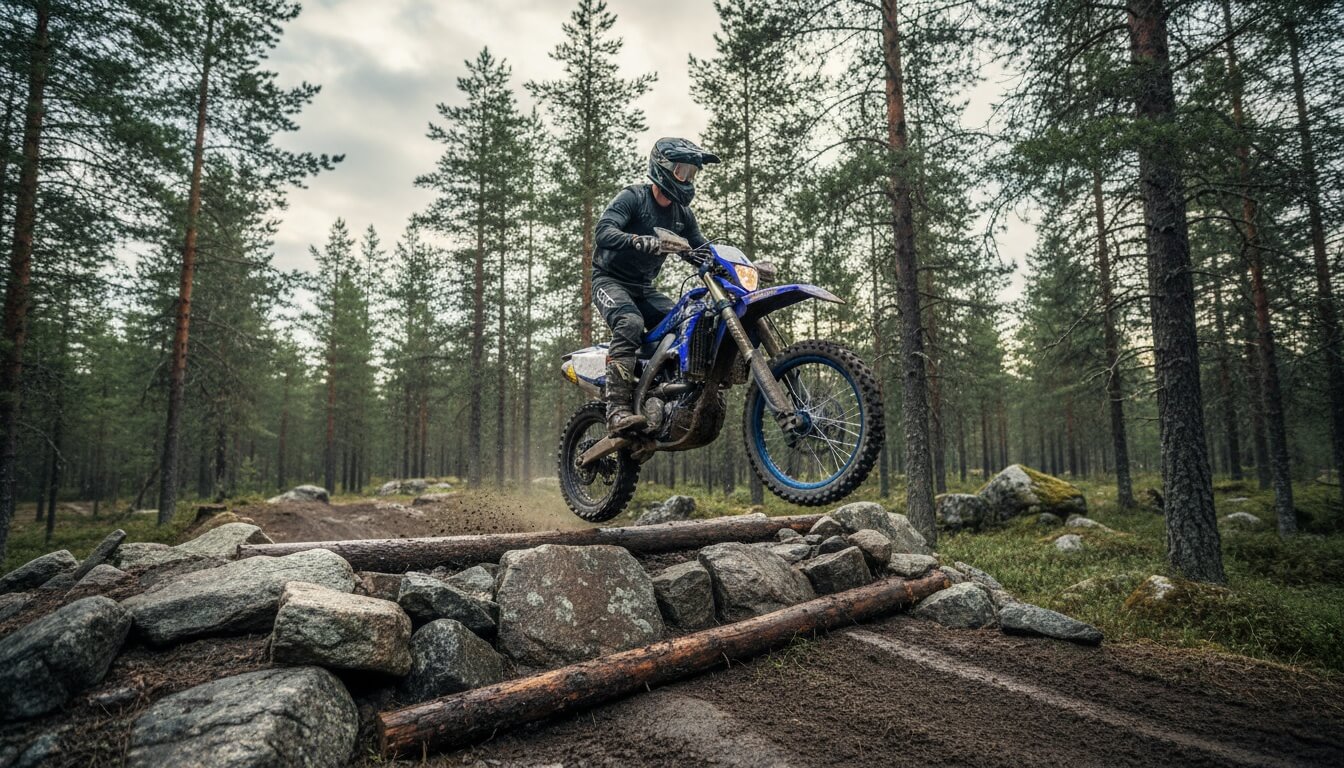 Мотоциклист на синем эндуро Yamaha преодолевает каменное препятствие с бревнами в лесу