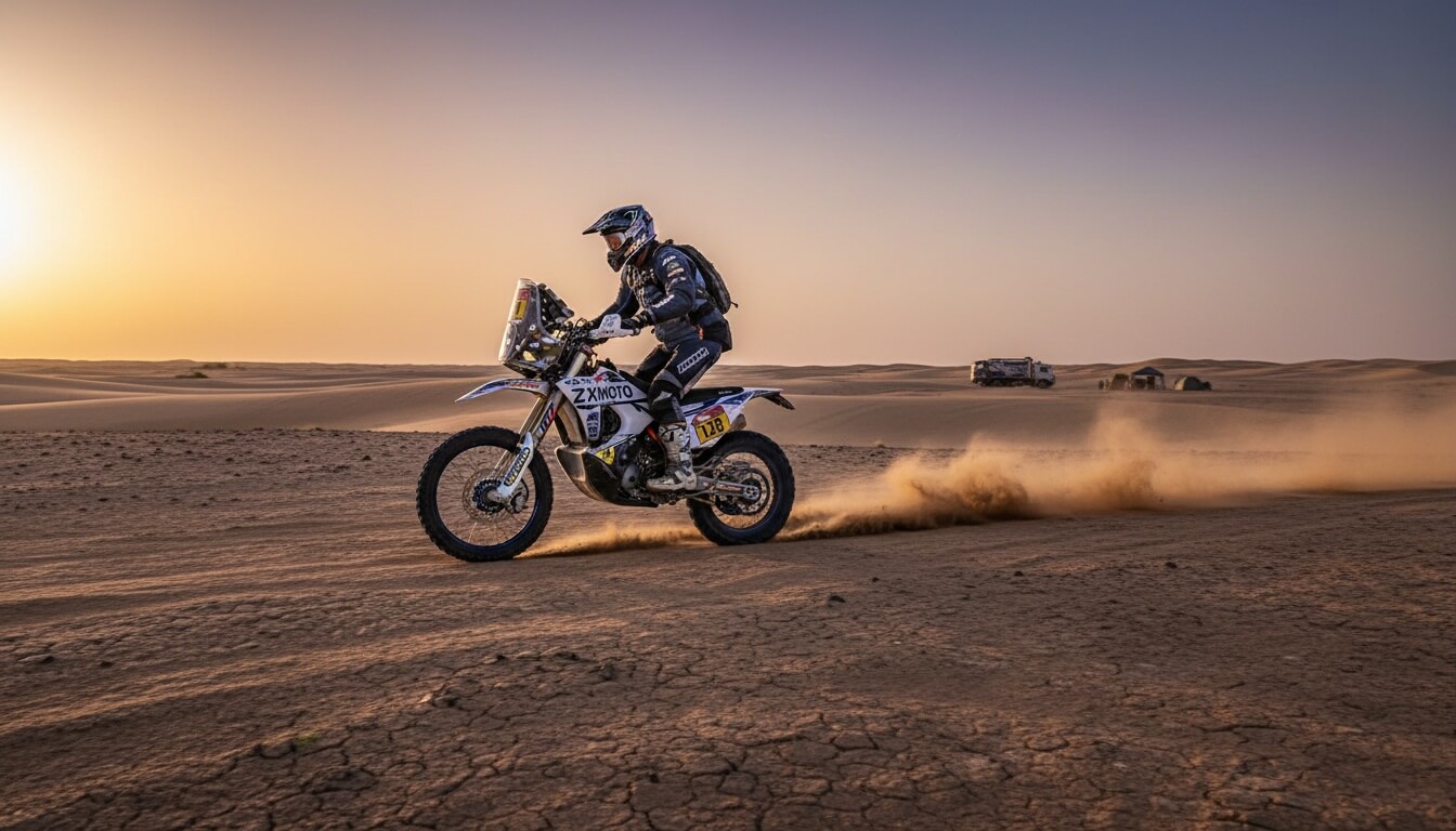 Мотоциклист на раллийном мотоцикле ZXMoto 450 Rally едет по пустыне, поднимая пыль, на фоне заката и автомобилей