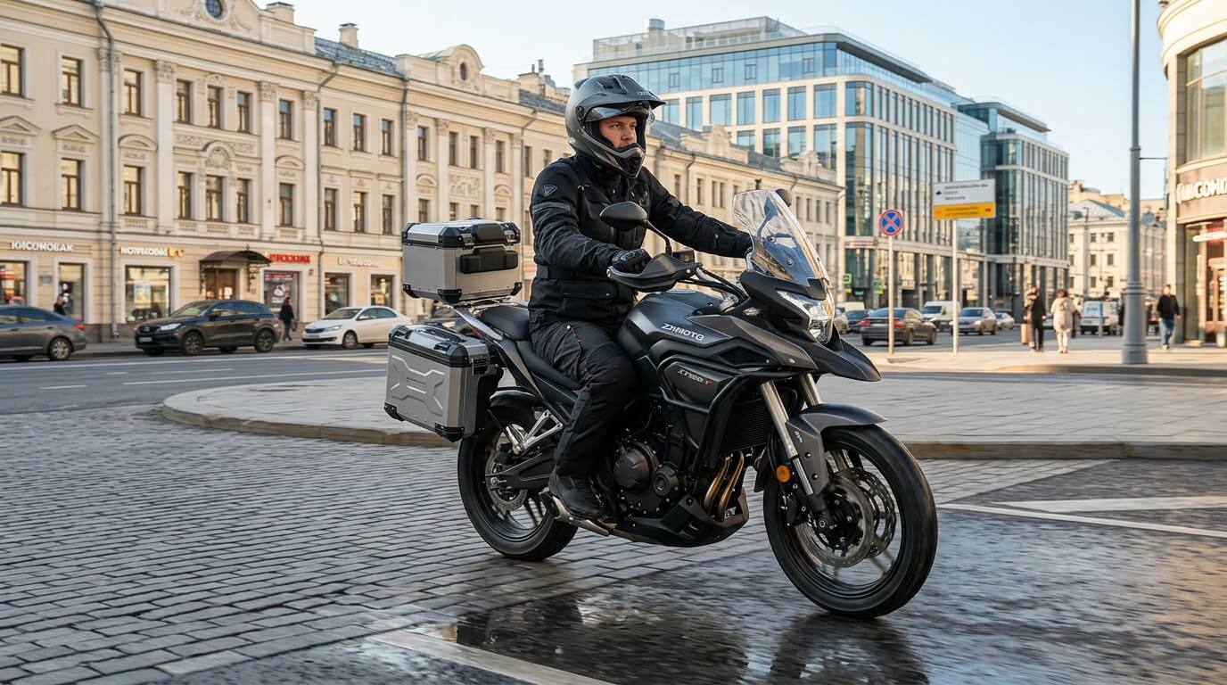 Мотоциклист в шлеме и экипировке едет на мотоцикле с боковыми кофрами по мощёной улице города